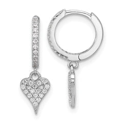 QE17535 Sterling Silver Rhodium-plated CZ Heart Dangle Hinged Hoop Earrings