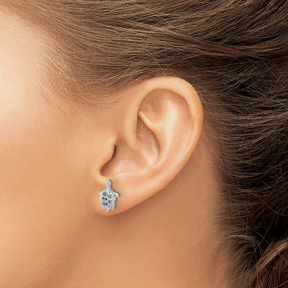 QE17563 Sterling Silver Rhodium-plated Polished Multi-color CZ Turtle Post Earrings