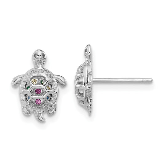 QE17563 Sterling Silver Rhodium-plated Polished Multi-color CZ Turtle Post Earrings
