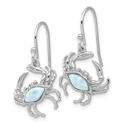 QE17564 Sterling Silver Rhodium-plated Polished Larimar Crab Dangle Shepherd Hook Earrings