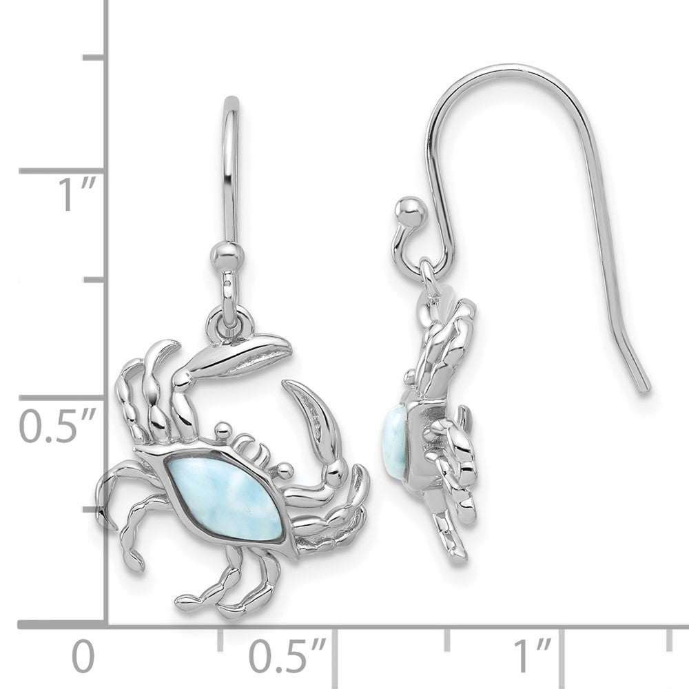 QE17564 Sterling Silver Rhodium-plated Polished Larimar Crab Dangle Shepherd Hook Earrings