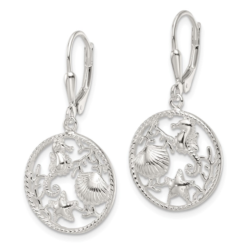 QE17567 Sterling Silver Polished Sea Life Circle Dangle Leverback Earrings
