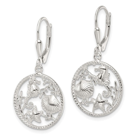 QE17567 Sterling Silver Polished Sea Life Circle Dangle Leverback Earrings