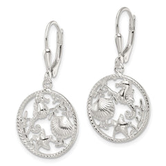 QE17567 Sterling Silver Polished Sea Life Circle Dangle Leverback Earrings