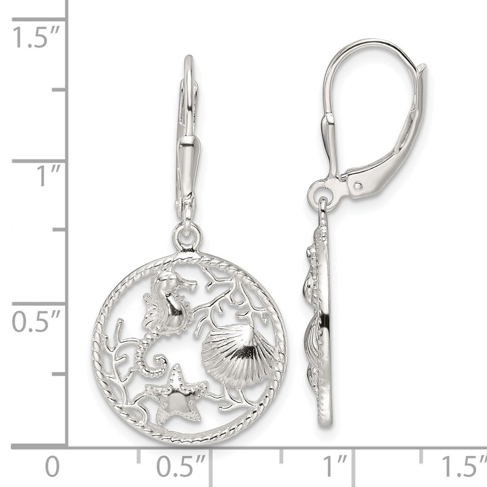 QE17567 Sterling Silver Polished Sea Life Circle Dangle Leverback Earrings