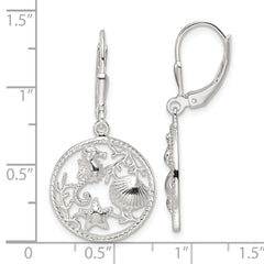 QE17567 Sterling Silver Polished Sea Life Circle Dangle Leverback Earrings