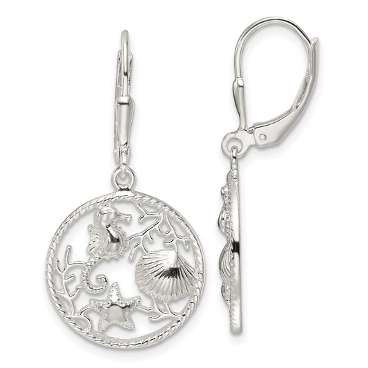 QE17567 Sterling Silver Polished Sea Life Circle Dangle Leverback Earrings