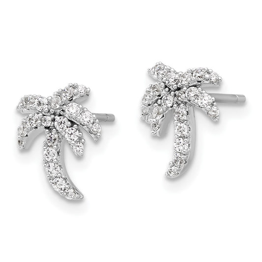 QE17571 Sterling Silver Rhodium-plated CZ Palm Tree Post Earrings
