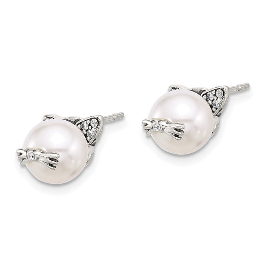 QE17583 Sterling Silver Polished and Antiqued CZ and Syn. Pearl Cat Post Earrings