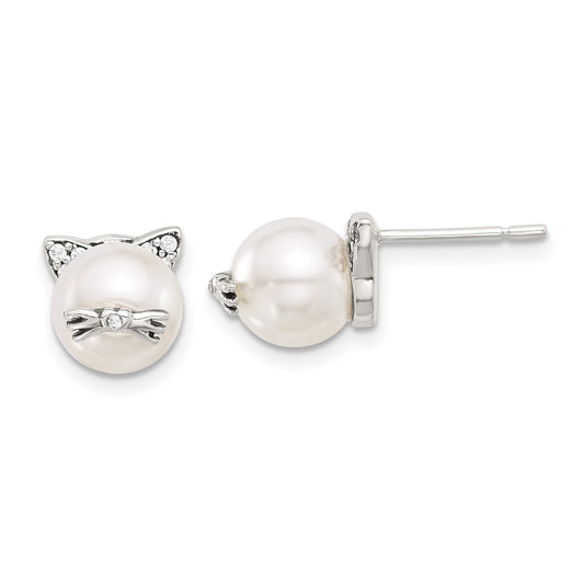 QE17583 Sterling Silver Polished and Antiqued CZ and Syn. Pearl Cat Post Earrings
