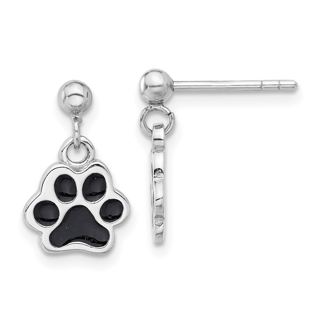 QE17587 Sterling Silver Rhodium-plated Enameled Dog Paw Post Dangle Earrings