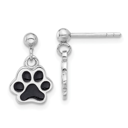 QE17587 Sterling Silver Rhodium-plated Enameled Dog Paw Post Dangle Earrings