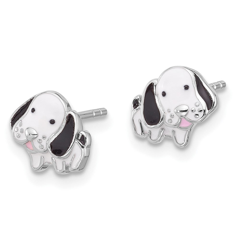 QE17590 SS Rhodium-plated Black and White Enamel Dog Post Earrings