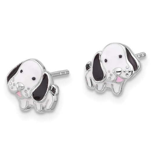 QE17590 SS Rhodium-plated Black and White Enamel Dog Post Earrings