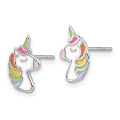QE17592 Sterling Silver Rhodium-plated Polished Enameled Unicorn Post Earrings