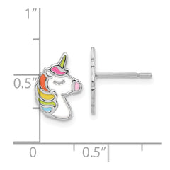 QE17592 Sterling Silver Rhodium-plated Polished Enameled Unicorn Post Earrings