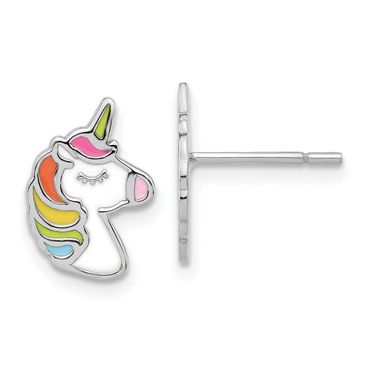 QE17592 Sterling Silver Rhodium-plated Polished Enameled Unicorn Post Earrings