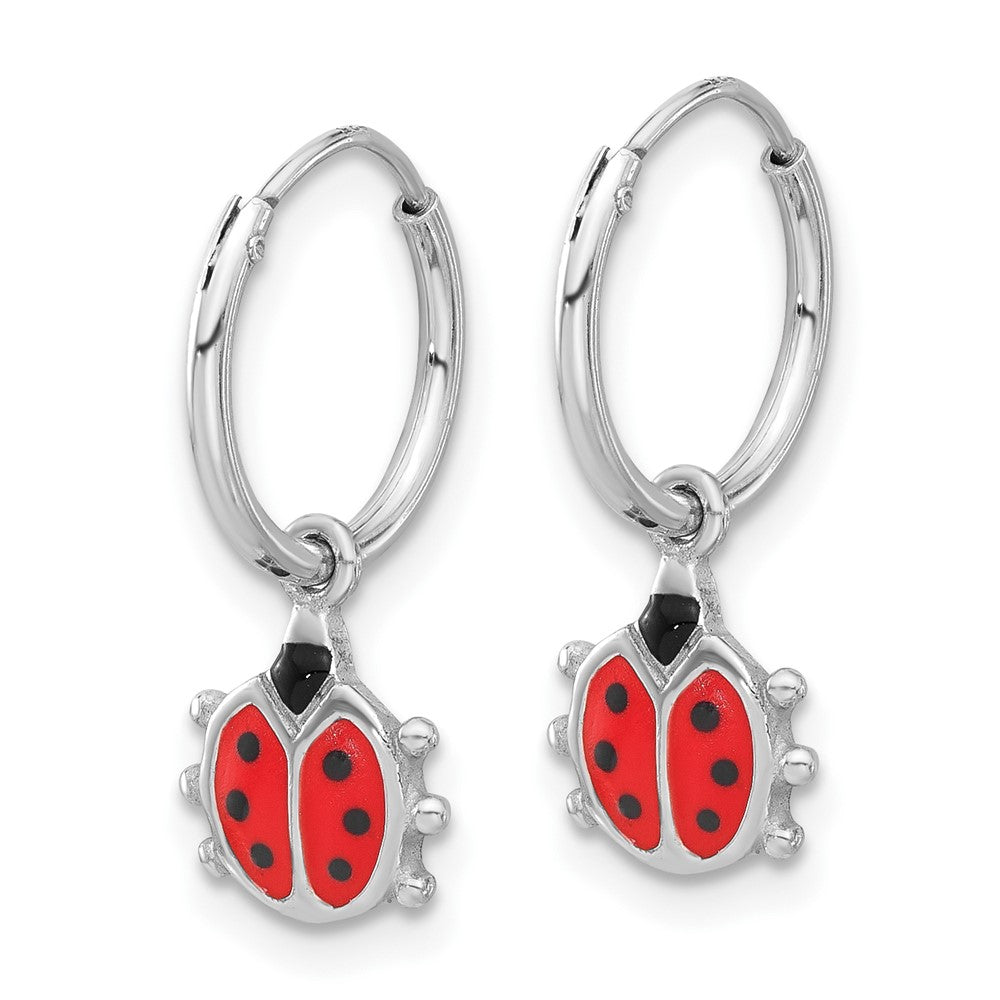 QE17617 Sterling Silver Rhodium-plated Madi K Enamel Ladybug Hoop Earrings