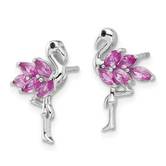 QE17620 Sterling Silver Rhodium-plated Polished Pink Crystal Flamingo Post Earrings