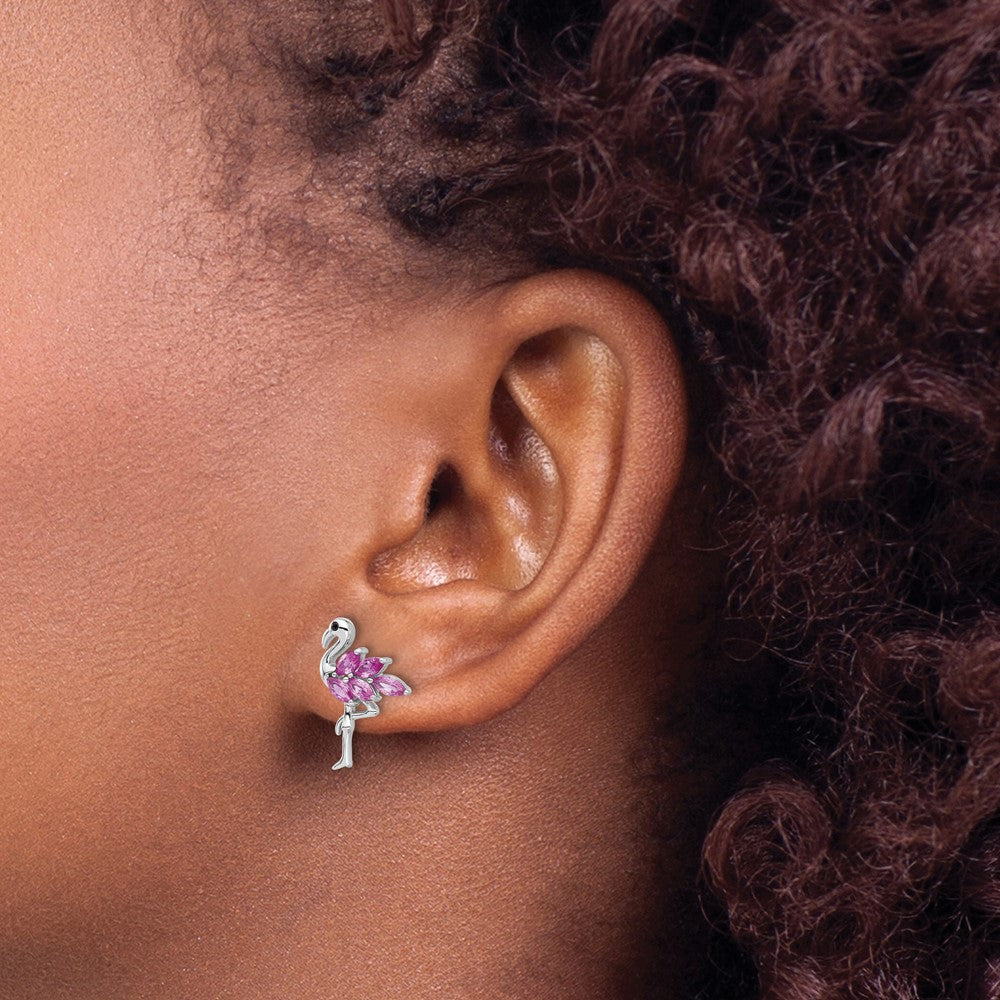 QE17620 Sterling Silver Rhodium-plated Polished Pink Crystal Flamingo Post Earrings