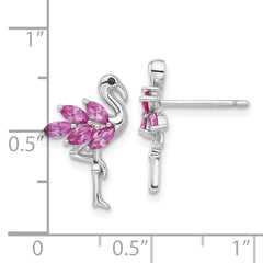 QE17620 Sterling Silver Rhodium-plated Polished Pink Crystal Flamingo Post Earrings