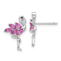 QE17620 Sterling Silver Rhodium-plated Polished Pink Crystal Flamingo Post Earrings