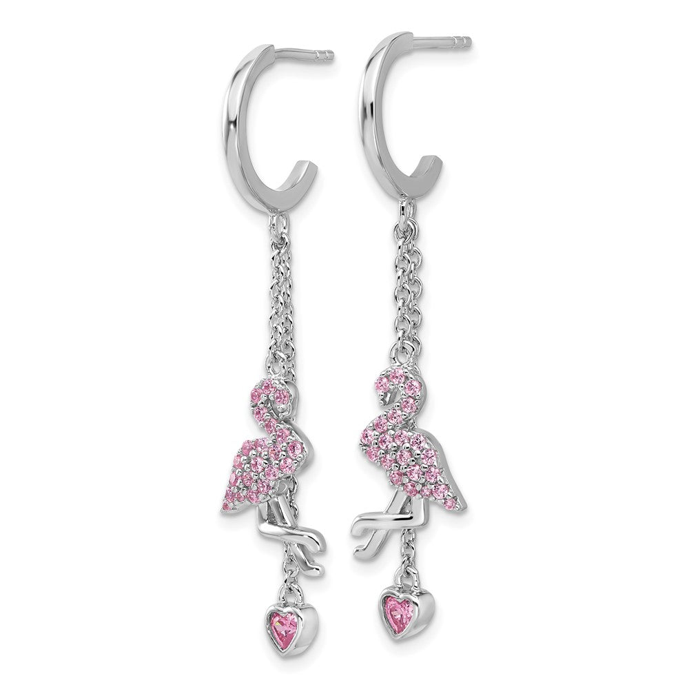 QE17621 Sterling Silver Rhodium-plated Pink CZ Flamingo Heart Post Hoop Earrings