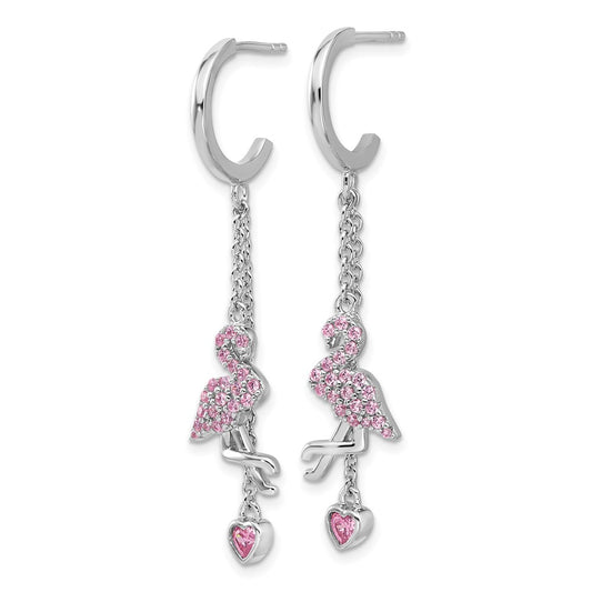 QE17621 Sterling Silver Rhodium-plated Pink CZ Flamingo Heart Post Hoop Earrings