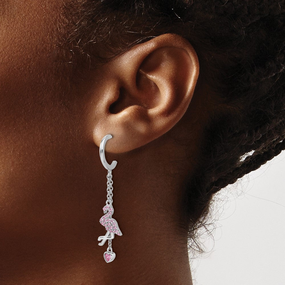 QE17621 Sterling Silver Rhodium-plated Pink CZ Flamingo Heart Post Hoop Earrings