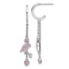 QE17621 Sterling Silver Rhodium-plated Pink CZ Flamingo Heart Post Hoop Earrings