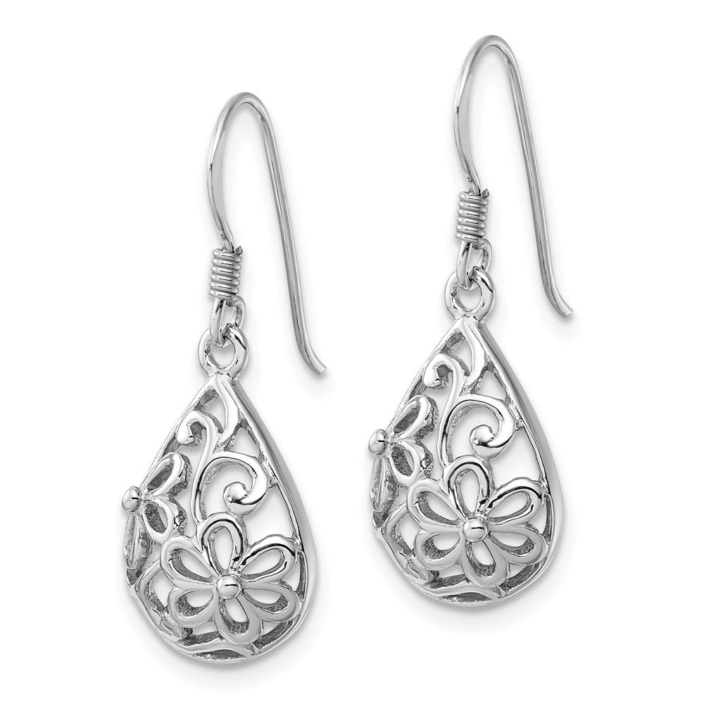 QE17637 Sterling Silver Rhodium-Plated Polished Domed Filigree Flower Earrings