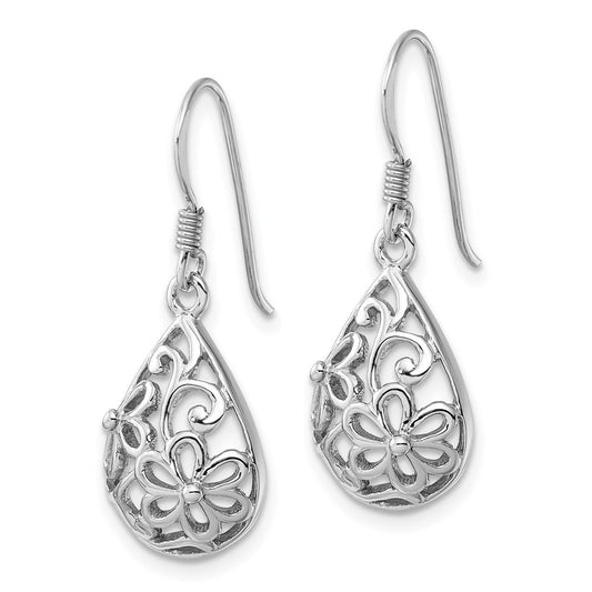 QE17637 Sterling Silver Rhodium-Plated Polished Domed Filigree Flower Earrings
