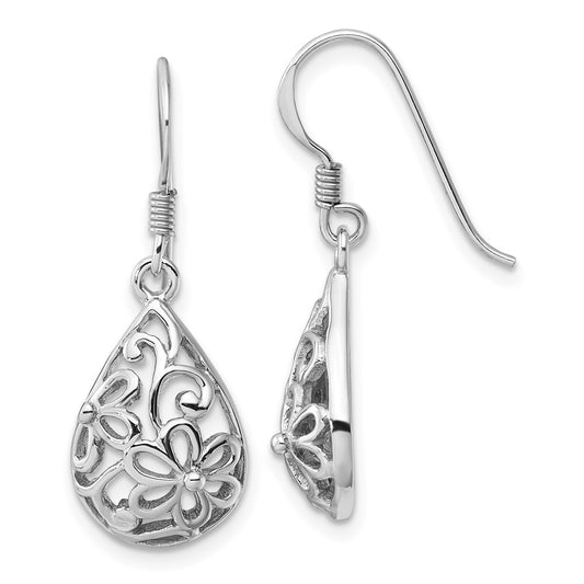 QE17637 Sterling Silver Rhodium-Plated Polished Domed Filigree Flower Earrings