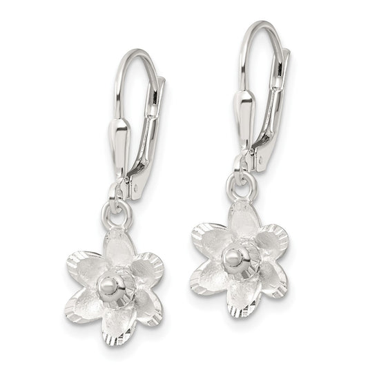 QE17642 Sterling Silver Satin Polished and D/C Floral Leverback Earrings