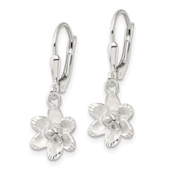 QE17642 Sterling Silver Satin Polished and D/C Floral Leverback Earrings
