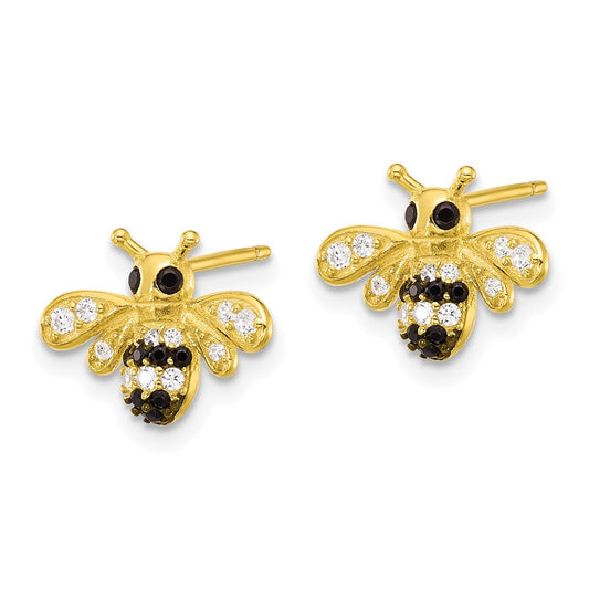 QE17651 Sterling Silver Gold-tone Blk Rhod Bee with Black/White CZ Post Earrings