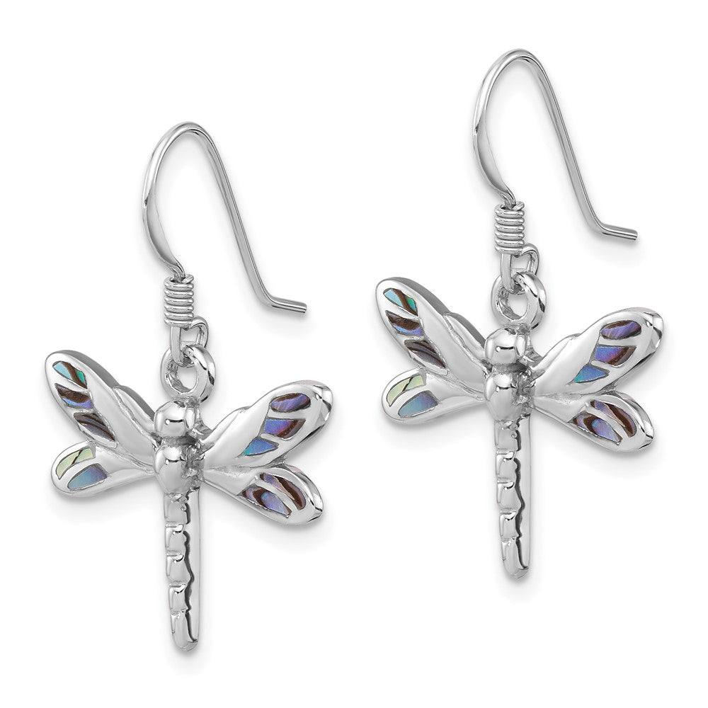 QE17654 Sterling Silver Rhodium-Plated Polished Abalone Dragonfly Earrings