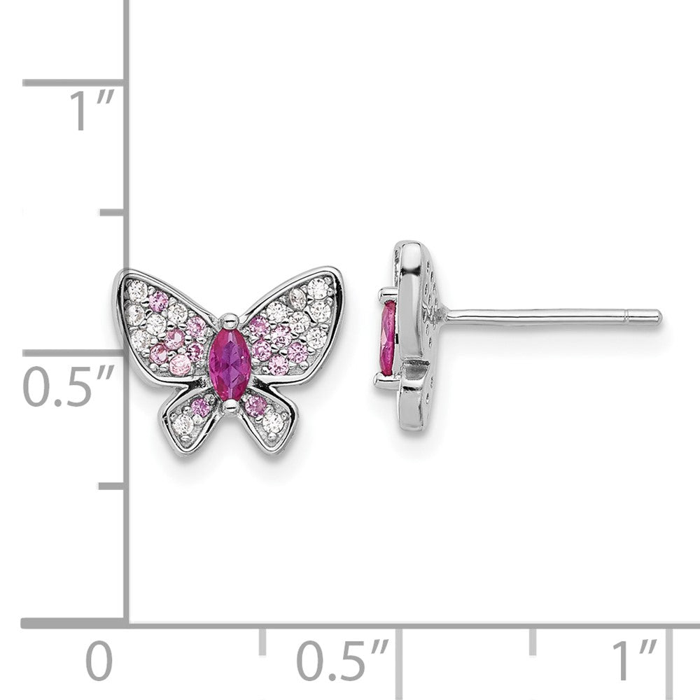 QE17660 Sterling Silver Rhodium-plated Pink and White CZ Butterfly Post Earrings