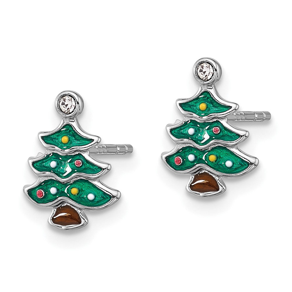 QE17667 SS Rh-plated Green Enamel Crystal Christmas Tree Post Earrings