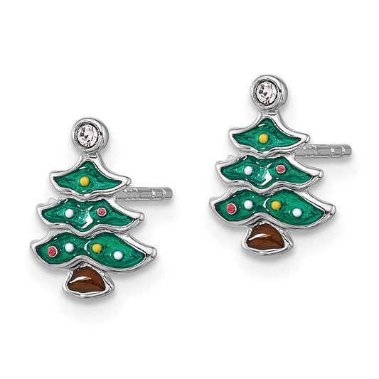 QE17667 SS Rh-plated Green Enamel Crystal Christmas Tree Post Earrings