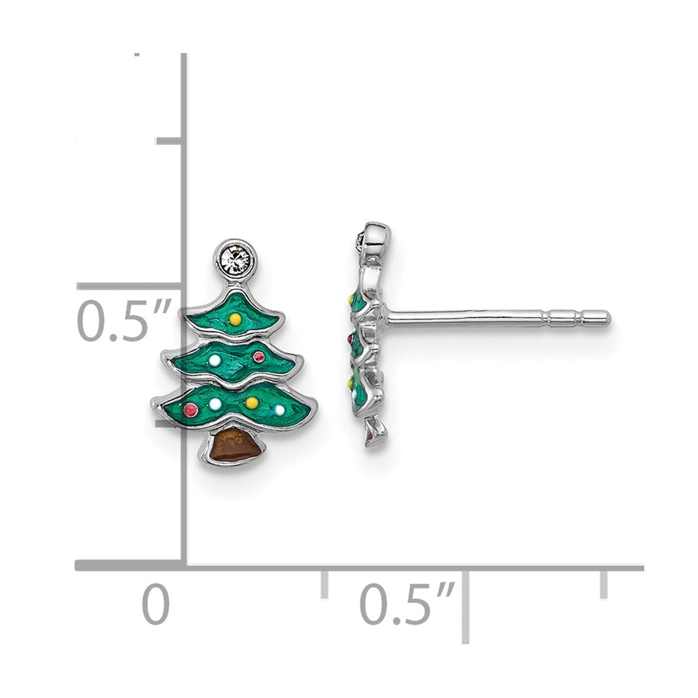 QE17667 SS Rh-plated Green Enamel Crystal Christmas Tree Post Earrings
