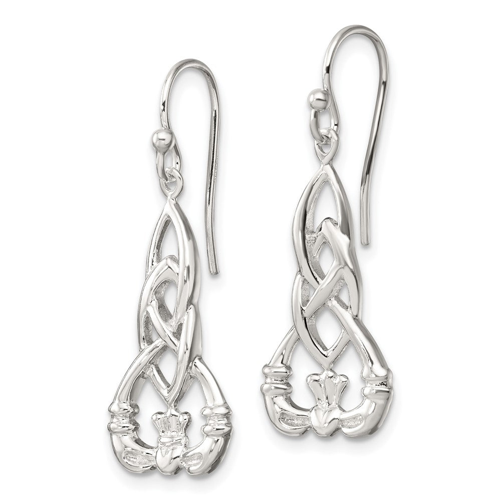 QE17679 Sterling Silver Polished Celtic Knot Claddagh Dangle Earrings