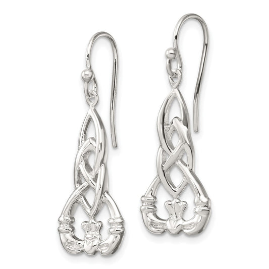 QE17679 Sterling Silver Polished Celtic Knot Claddagh Dangle Earrings