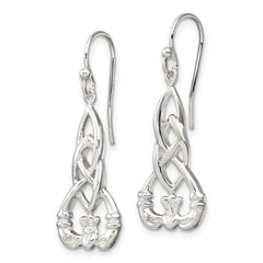 QE17679 Sterling Silver Polished Celtic Knot Claddagh Dangle Earrings