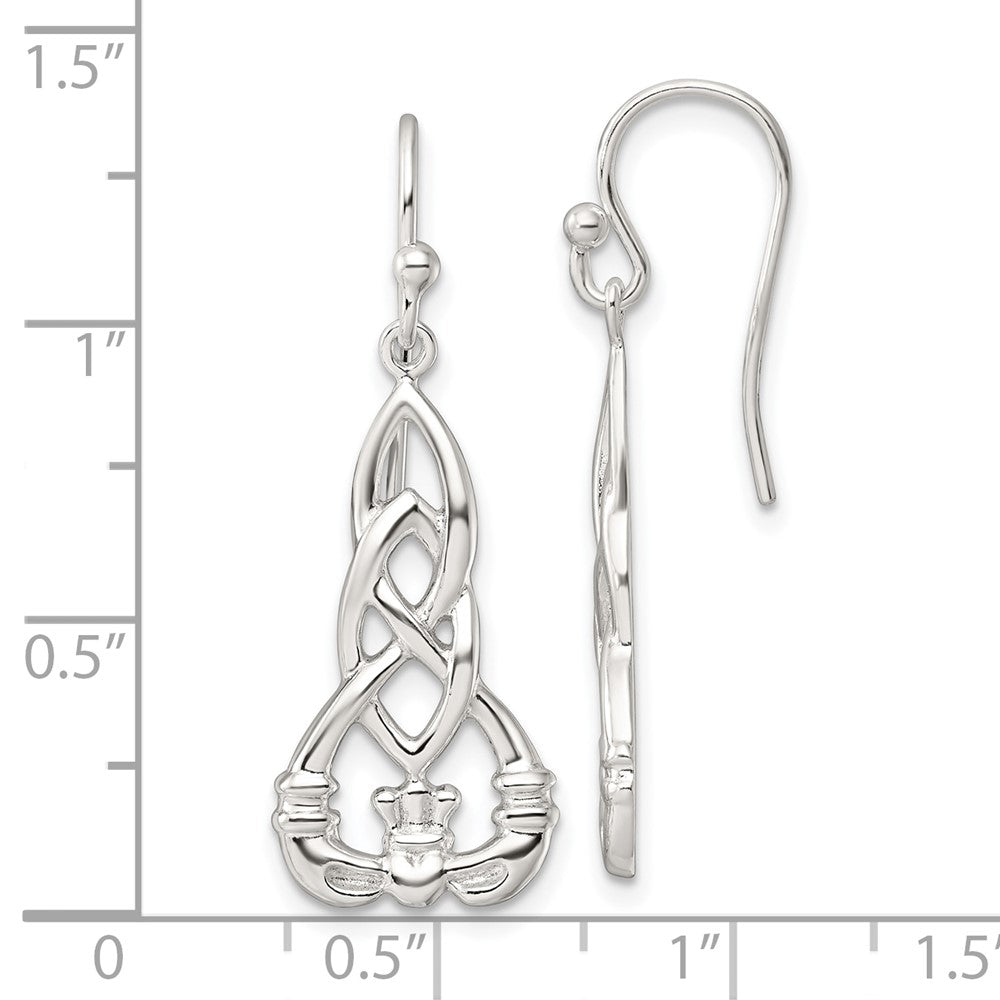 QE17679 Sterling Silver Polished Celtic Knot Claddagh Dangle Earrings