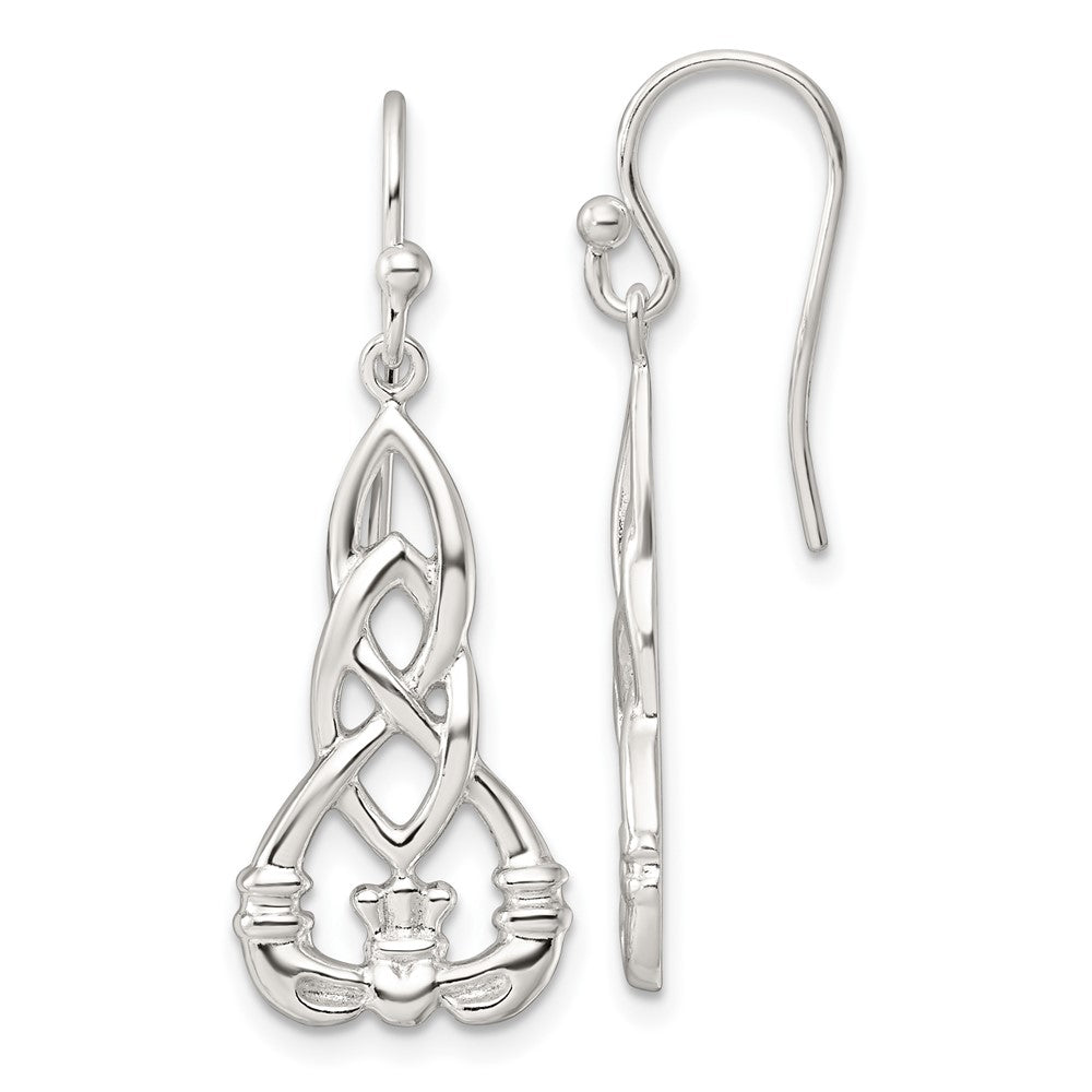 QE17679 Sterling Silver Polished Celtic Knot Claddagh Dangle Earrings