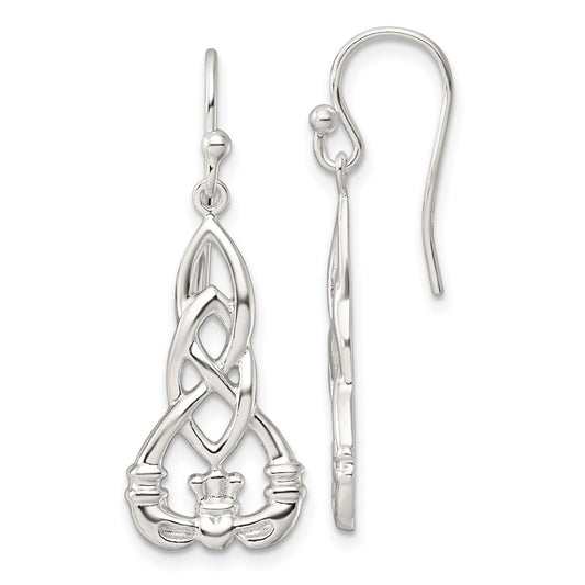 QE17679 Sterling Silver Polished Celtic Knot Claddagh Dangle Earrings