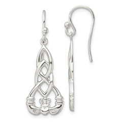 QE17679 Sterling Silver Polished Celtic Knot Claddagh Dangle Earrings