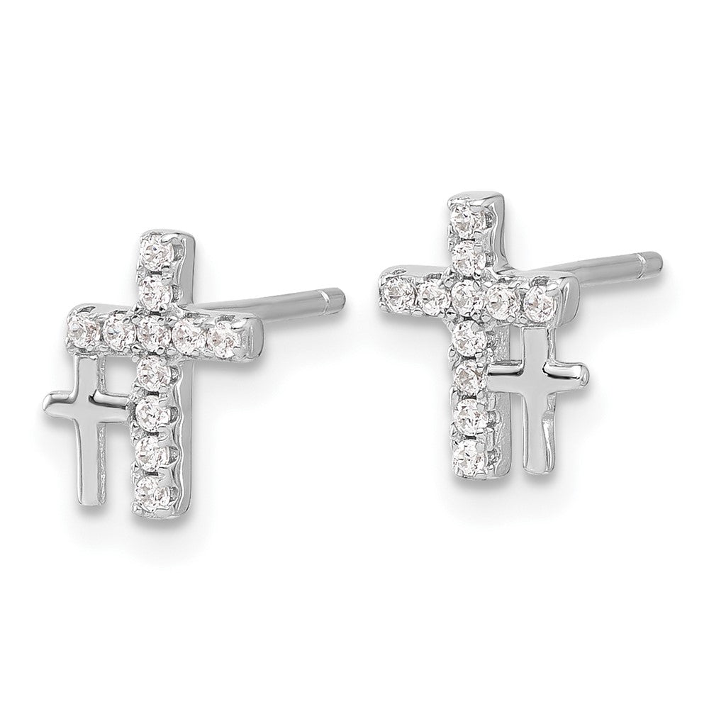 QE17681 Sterling Silver Rhodium-plated Polished CZ Double Cross Post Earrings