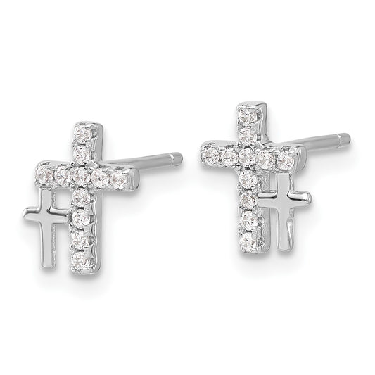 QE17681 Sterling Silver Rhodium-plated Polished CZ Double Cross Post Earrings